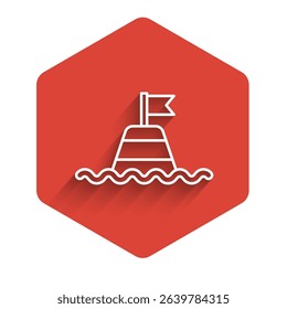 White line Floating buoy on the sea icon isolated with long shadow. Red hexagon button. Vector