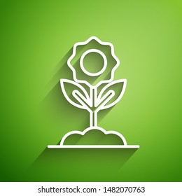 White line Flower icon isolated on green background.  Vector Illustration