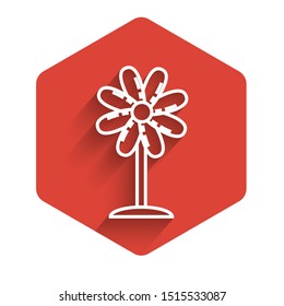 White line Flower icon isolated with long shadow. Sweet natural food. Red hexagon button. Vector Illustration