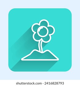 White line Flower icon isolated with long shadow. Green square button. Vector Illustration
