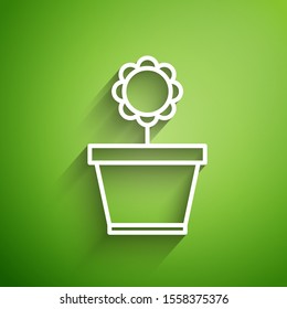 White line Flower in pot icon isolated on green background. Plant growing in a pot. Potted plant sign.  Vector Illustration