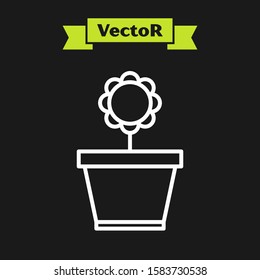 White line Flower in pot icon isolated on black background. Plant growing in a pot. Potted plant sign.  Vector Illustration