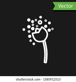 White line Flower producing pollen in atmosphere icon isolated on black background.  Vector Illustration