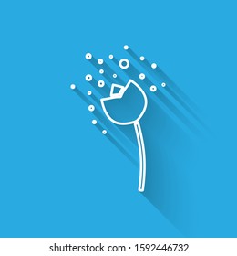 White line Flower producing pollen in atmosphere icon isolated with long shadow.  Vector Illustration