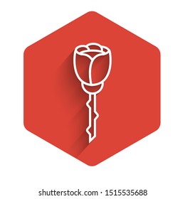 White line Flower rose icon isolated with long shadow. Red hexagon button. Vector Illustration