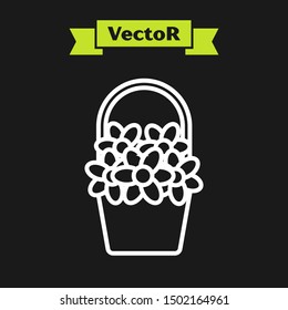 White line Flowers in a basket icon isolated on black background.  Vector Illustration
