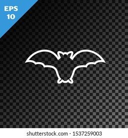 White line Flying bat icon isolated on transparent dark background.  Vector Illustration
