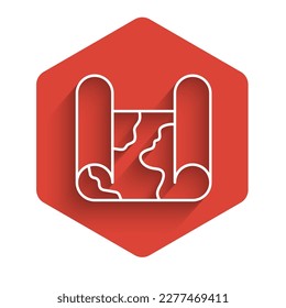 White line Folded map icon isolated with long shadow background. Red hexagon button. Vector