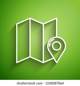 White line Folded map with location marker icon isolated on green background.  Vector Illustration