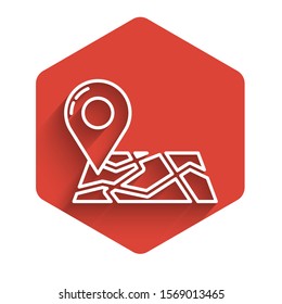 White line Folded map with location marker icon isolated with long shadow. Red hexagon button. Vector Illustration