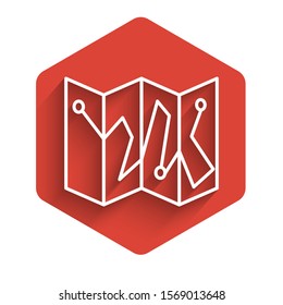 White line Folded map with location marker icon isolated with long shadow. Red hexagon button. Vector Illustration