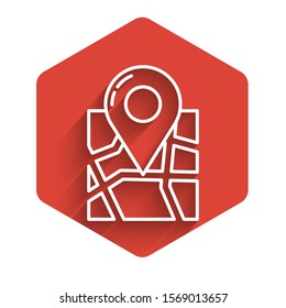 White line Folded map with location marker icon isolated with long shadow. Red hexagon button. Vector Illustration