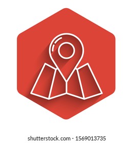 White line Folded map with location marker icon isolated with long shadow. Red hexagon button. Vector Illustration