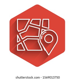 White line Folded map with location marker icon isolated with long shadow. Red hexagon button. Vector Illustration