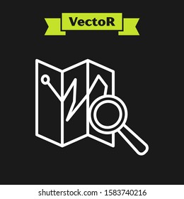 White line Folded map with location marker icon isolated on black background.  Vector Illustration