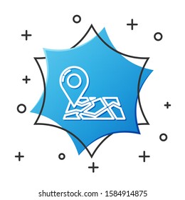 White line Folded map with location marker icon isolated on white background. Blue hexagon button. Vector Illustration