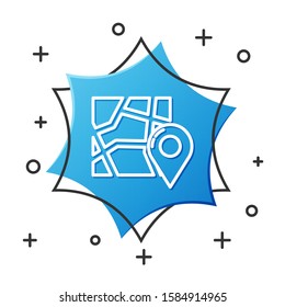 White line Folded map with location marker icon isolated on white background. Blue hexagon button. Vector Illustration