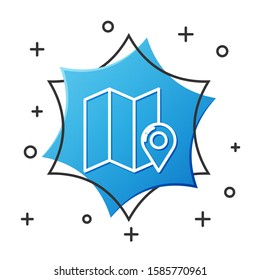 White line Folded map with location marker icon isolated on white background. Blue hexagon button. Vector Illustration