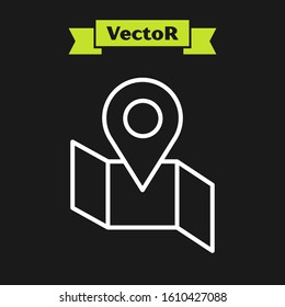 White line Folded map with location marker icon isolated on black background.  Vector Illustration
