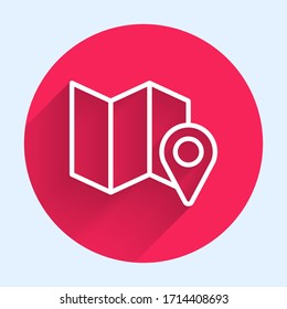 Línea blanca Mapa plegado con icono de marcador de posición aislado con sombra larga. Botón de círculo rojo. Ilustración vectorial