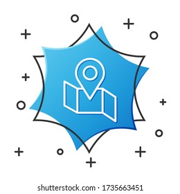 White line Folded map with location marker icon isolated on white background. Blue hexagon button. Vector Illustration