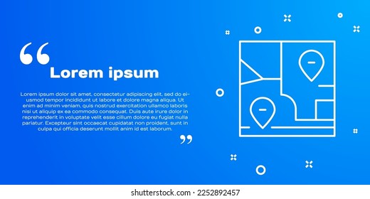 White line Folded map with location marker icon isolated on blue background.  Vector