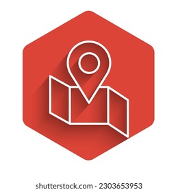 White line Folded map with location marker icon isolated with long shadow. Red hexagon button. Vector Illustration