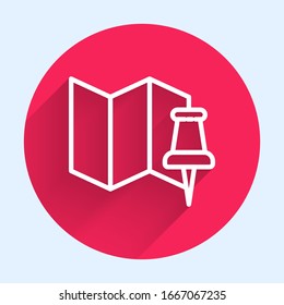 White line Folded map with push pin icon isolated with long shadow. Red circle button. Vector Illustration
