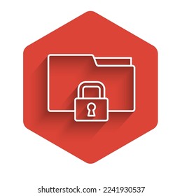 White line Folder and lock icon isolated with long shadow. Closed folder and padlock. Security, safety, protection concept. Red hexagon button. Vector