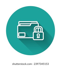White line Folder and lock icon isolated with long shadow. Closed folder and padlock. Security, safety, protection concept. Green circle button. Vector