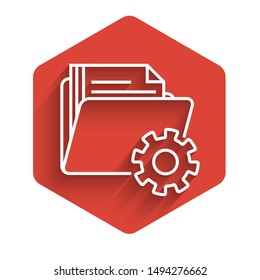 White line Folder settings with gears icon isolated with long shadow. Software update, transfer protocol, teamwork tool management. Red hexagon button. Vector Illustration