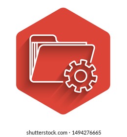 White line Folder settings with gears icon isolated with long shadow. Software update, transfer protocol, teamwork tool management. Red hexagon button. Vector Illustration