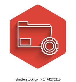 White line Folder settings with gears icon isolated with long shadow. Software update, transfer protocol, teamwork tool management, copy process. Red hexagon button. Vector Illustration