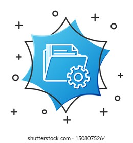 White line Folder settings with gears icon isolated on white background. Software update, transfer protocol, teamwork tool management. Blue hexagon button. Vector Illustration