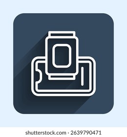 White line Food ordering on mobile icon isolated with long shadow background. Order by mobile phone. Restaurant food delivery concept. Blue square button. Vector