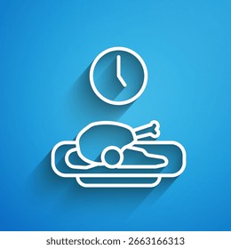 Línea blanca Icono de tiempo de comida aislado sobre fondo azul. Hora de comer. Larga sombra. Vector