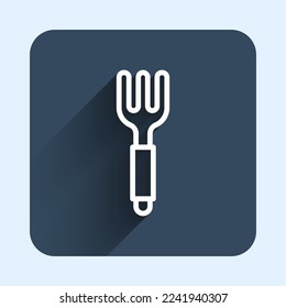 White line Fork icon isolated with long shadow background. Cutlery symbol. Blue square button. Vector