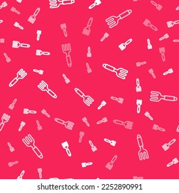 White line Fork icon isolated seamless pattern on red background. Cutlery symbol.  Vector