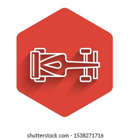 White line Formula race car icon isolated with long shadow. Red hexagon button. Vector Illustration