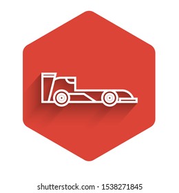 White line Formula race car icon isolated with long shadow. Red hexagon button. Vector Illustration