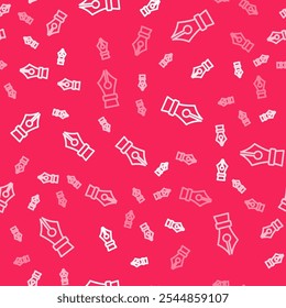 White line Fountain pen nib icon isolated seamless pattern on red background. Pen tool sign.  Vector