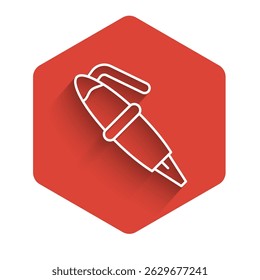 White line Fountain pen nib icon isolated with long shadow. Pen tool sign. Red hexagon button. Vector