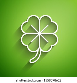 White line Four leaf clover icon isolated on green background. Happy Saint Patrick day.  Vector Illustration