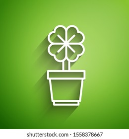 White line Four leaf clover in pot icon isolated on green background. Happy Saint Patrick day.  Vector Illustration