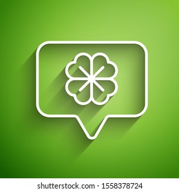 White line Four leaf clover in speech bubble icon isolated on green background. Happy Saint Patrick day.  Vector Illustration