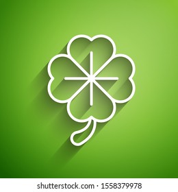 White line Four leaf clover icon isolated on green background. Happy Saint Patrick day.  Vector Illustration