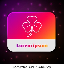 White line Four leaf clover icon isolated on black background. Happy Saint Patrick day. Rectangle color button. Vector Illustration