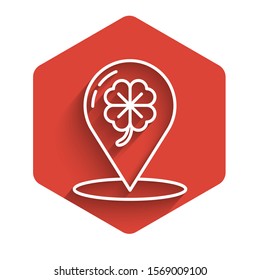 White line Four leaf clover icon isolated with long shadow. Happy Saint Patrick day. Red hexagon button. Vector Illustration
