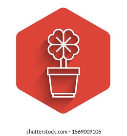 White line Four leaf clover in pot icon isolated with long shadow. Happy Saint Patrick day. Red hexagon button. Vector Illustration
