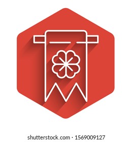 White line Four leaf clover icon isolated with long shadow. Party pennant for birthday celebration, festival. Happy Saint Patrick day. Red hexagon button. Vector Illustration